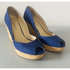 Via Spiga Wedge Sandals Women's Size 8.5M Blue Platform Peep Toe Beaded